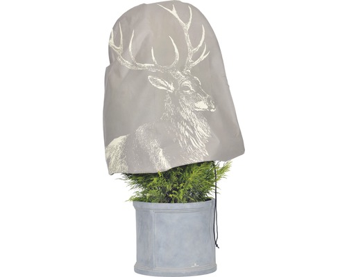 Housse de protection en intissé cerf Videx Ø 110 x H 110 cm cappuccino Housse de protection pour plantes avec motif de cerf sur une plante en pot