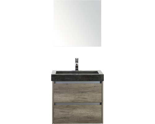 Badmöbel-Set Sanox Dante BxHxT 61 x 170 x 45,5 cm Frontfarbe nebraska oak mit Waschtisch Naturstein schwarz und Naturstein-Waschtisch Spiegel Waschtischunterschrank