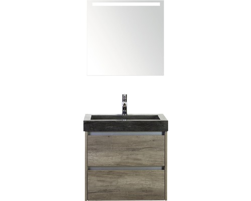 Set de meubles de salle de bains Sanox Dante lxhxp 61 x 170 x 45,5 cm couleur de façade nebraska oak avec vasque en pierre naturelle noir et vasque en pierre naturelle miroir avec éclairage LED meuble sous vasque