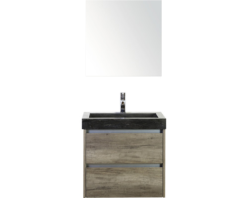 Set de meubles de salle de bains Sanox Dante lxhxp 61 x 170 x 45,5 cm couleur de façade nebraska oak avec vasque en pierre naturelle noir