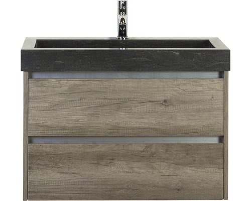 Set de meubles de salle de bains Sanox Dante lxhxp 81 x 58 x 45,5 cm couleur de façade nebraska oak avec vasque en pierre naturelle noir