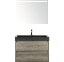 Badmöbel-Set Sanox Dante BxHxT 81 x 170 x 45,5 cm Frontfarbe nebraska oak mit Waschtisch Naturstein schwarz und Naturstein-Waschtisch Spiegel mit LED-Beleuchtung Waschtischunterschrank-thumb-0