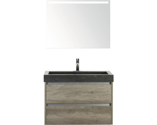 Badmöbel-Set Sanox Dante BxHxT 81 x 170 x 45,5 cm Frontfarbe nebraska oak mit Waschtisch Naturstein schwarz und Naturstein-Waschtisch Spiegel mit LED-Beleuchtung Waschtischunterschrank-0