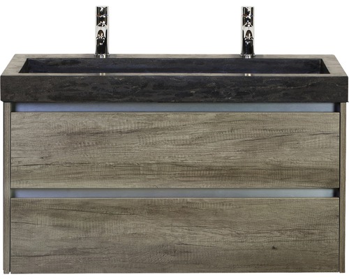 Badmöbel-Set Sanox Dante BxHxT 101 x 58 x 45,5 cm Frontfarbe nebraska oak mit Waschtisch Naturstein schwarz