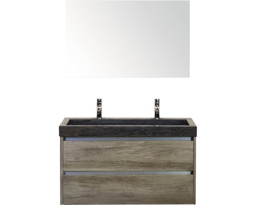 Set de meubles de salle de bains Sanox Dante lxhxp 101 x 170 x 45,5 cm couleur de façade nebraska oak avec vasque en pierre naturelle noir et miroir meuble sous vasque double vasque en pierre naturelle