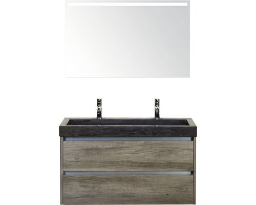 Set de meubles de salle de bains Sanox Dante lxhxp 101 x 170 x 45,5 cm couleur de façade nebraska oak avec vasque en pierre naturelle noir et double vasque en pierre naturelle miroir avec éclairage LED meuble sous vasque