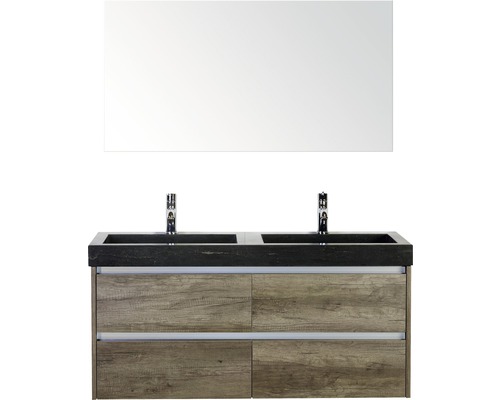 Set de meubles de salle de bains Sanox Dante lxhxp 121 x 170 x 45,5 cm couleur de façade nebraska oak avec vasque en pierre naturelle noir et double vasque en pierre naturelle miroir meuble sous vasque
