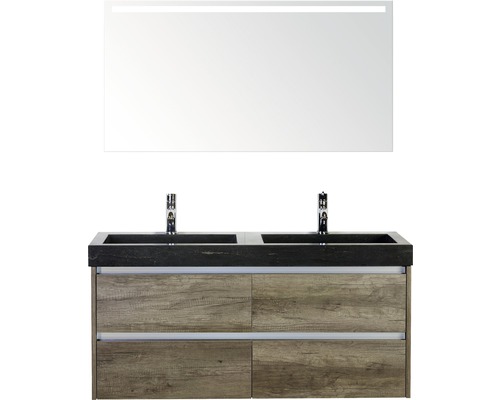 Set de meubles de salle de bains Sanox Dante lxhxp 121 x 170 x 45,5 cm couleur de façade nebraska oak avec vasque en pierre naturelle noir et double vasque en pierre naturelle miroir avec éclairage LED meuble sous vasque