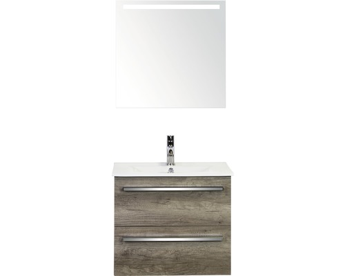 Badmöbel-Set Sanox Seville BxHxT 61 x 170 x 46 cm Frontfarbe nebraska oak mit Waschtisch Keramik weiß und Waschtischunterschrank Waschtisch Spiegel mit LED-Beleuchtung