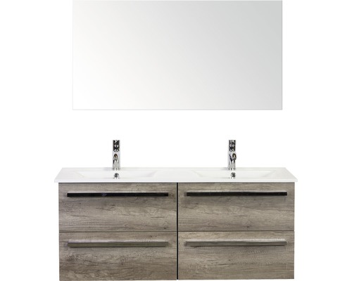 Set de meubles de salle de bains Sanox Seville lxhxp 121 x 170 x 46 cm couleur de façade nebraska oak avec vasque en céramique blanc et meuble sous vasque double vasque miroir