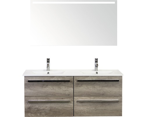 Set de meubles de salle de bains Sanox Seville lxhxp 121 x 170 x 46 cm couleur de façade nebraska oak avec vasque en céramique blanc et meuble sous vasque double vasque miroir avec éclairage LED
