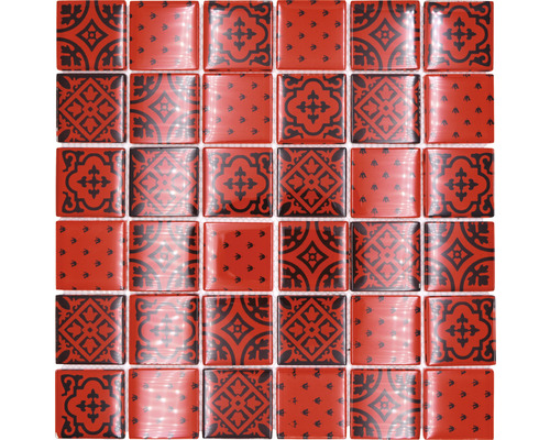 Mosaïque de verre Quadrat Crystal XCM8OP3 rouge 30x30 cm Motif de carreaux avec décor floral
