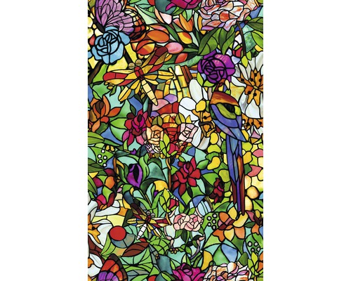 d-c-fix® Glasdekorfolie selbstklebend Tulia 45x200 cm Dekorfolie mit Blumen, Papagei und Libellen im Buntglasdesign