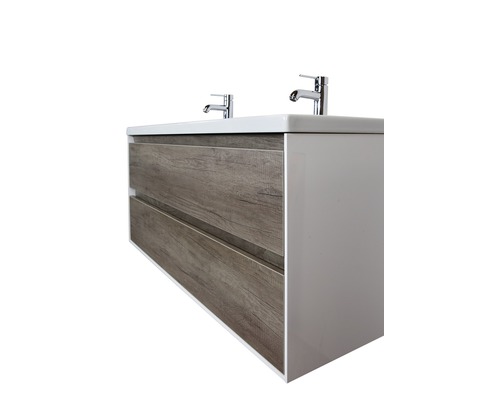 Meuble sous-lavabo avec deux tiroirs et deux robinets