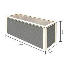 Graue Pflanzkiste aus Holz mit den Maßen 254 cm Länge, 94 cm Breite und 92 cm Höhe.