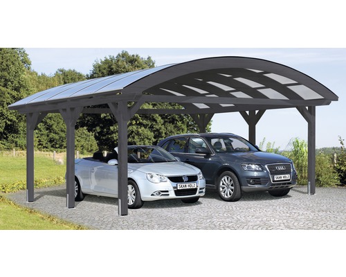 Carport pour deux véhicules Skanholz toit incurvé, 635x541 cm, gris ardoise Double abri de voiture en bois avec deux voitures