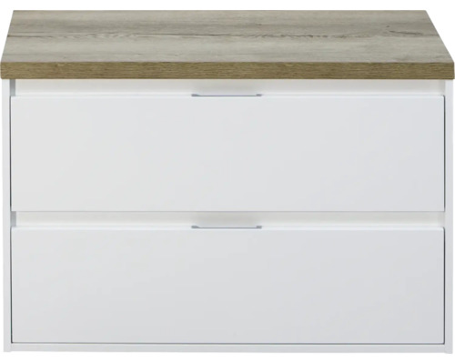 Waschtischunterschrank Porto 90 cm mit Waschtischplatte weiß hochglanz / Eiche natur Waschtischunterschrank mit zwei Schubladen und Holzplatte