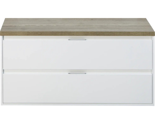 Waschtischunterschrank Porto 120 cm mit Waschtischplatte weiß hochglanz / Eiche natur Waschtischunterschrank mit zwei Schubladen und einer Oberfläche in Holzoptik