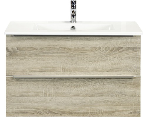 Set de meubles de salle de bains Sanox Pulse lxhxp 91 x 57 x 51 cm couleur de façade gris chêne avec vasque en céramique blanc