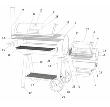 Explosionszeichnung eines Barbecue Smoker Grills mit nummerierten Teilen.