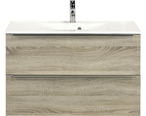 Set de meubles de salle de bains Sanox Pulse lxhxp 90 x 56,5 x 50 cm couleur de façade chêne gris avec vasque en fonte minérale blanc