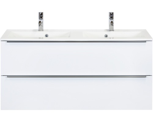 Set de meubles de salle de bains Sanox Pulse lxhxp 120 x 56,5 x 50 cm couleur de façade blanc haute brillance avec vasque en fonte minérale blanc