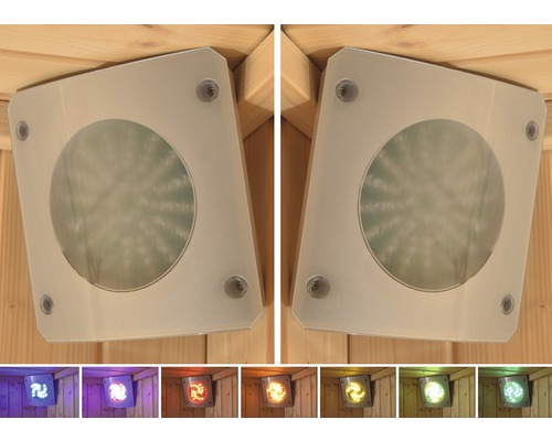 Kit de lumières colorées pour sauna A Weka, avec module de commande Deux haut-parleurs de sauna carrés avec cadre métallique montés sur un mur en bois