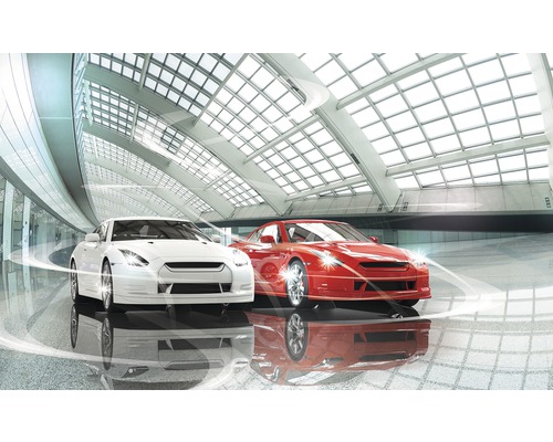 Deux voitures dans un hall lumineux avec un toit en verre