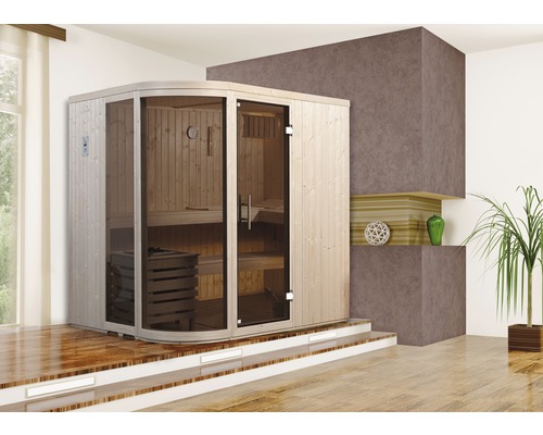 Sauna modulaire Weka Sara taille 1 avec poêle 7,5 kW et commande numérique, avec fenêtre et porte entièrement vitrée couleur graphite