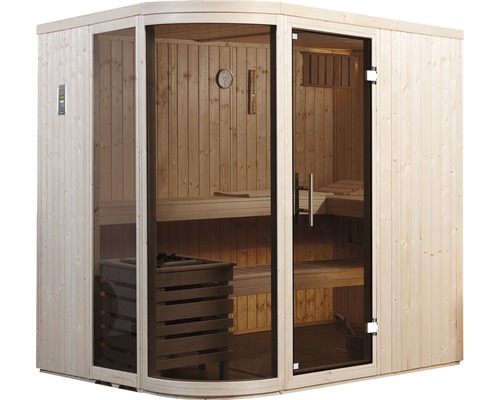 Sauna avec façade en verre et bancs en bois pour l''intérieur