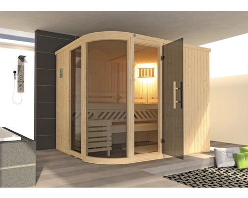 Sauna modulaire Weka Sara taille 2 avec poêle bio 9 kW et commande numérique, avec fenêtre et porte entièrement vitrée coloris graphite