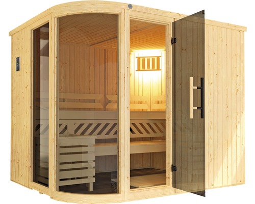 Sauna autoportante avec porte en verre et bancs en bois