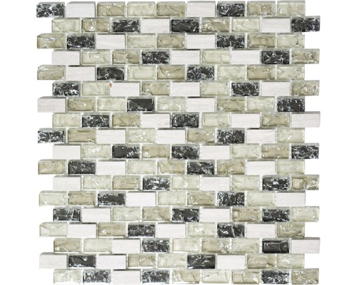 Mosaïque de verre avec pierre naturelle Brick XICB1152 mélange de gris-vert 30x28.5 cm