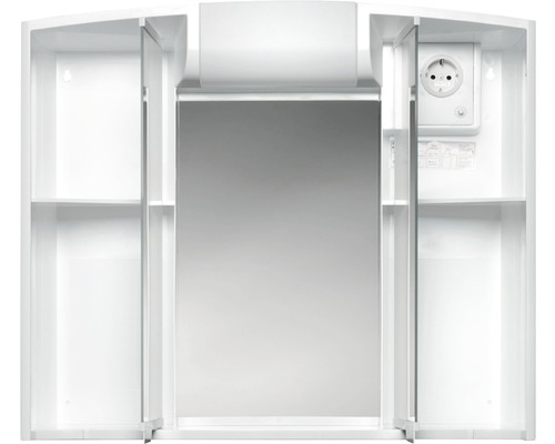 Armoire de toilette ouverte avec prise électrique et étagères