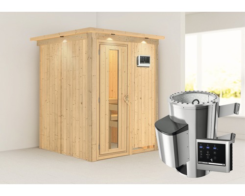 Sauna Plug & Play Karibu Achat I avec poêle 3,6 kW et commande externe, avec couronne et porte en bois avec verre à isolation thermique