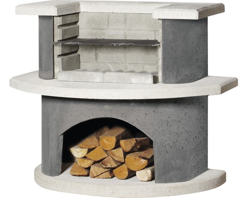 Buschbeck barbecue bar Kopenhagen 65x110x93 cm blanc-anthracite Cheminée de barbecue en pierre avec espace de rangement pour le bois et grille de barbecue
