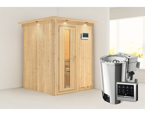 Sauna Plug & Play Karibu Achat I avec poêle Bio 3,6 kW et commande externe, avec couronne et portes en bois avec verre isolé thermiquement