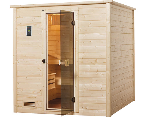 Sauna en bois avec porte en verre et panneau de commande