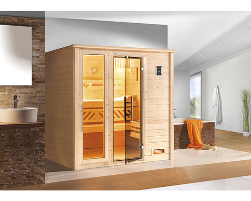 Sauna en bois massif Weka Bergen taille 2 avec poêle 7,5 kW et commande numérique, avec fenêtre et porte entièrement vitrée coloris graphite