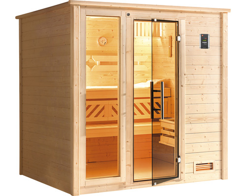 Sauna en bois avec porte en verre