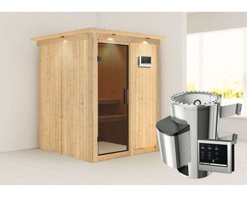 Sauna Plug & Play Karibu Achat I avec poêle 3,6 kW et commande externe, avec couronne et porte entièrement vitrée coloris graphite