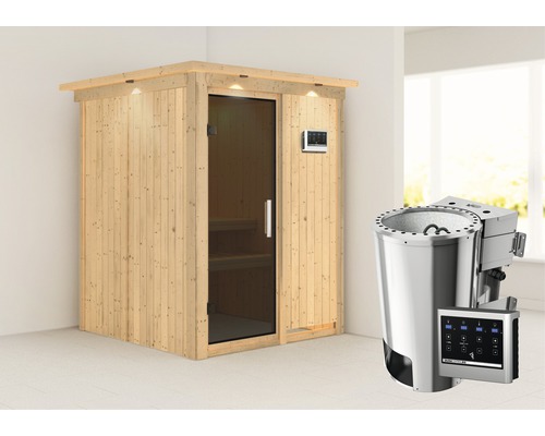 Sauna Plug & Play Karibu Achat I avec poêle 3,6 kW et commande externe, avec couronne et porte entièrement vitrée coloris graphite