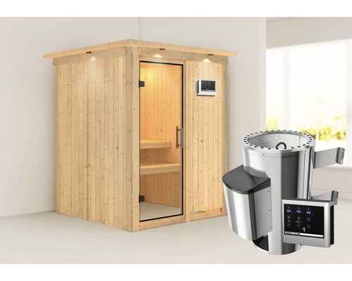 Sauna Plug & Play Karibu Achat I avec poêle 3,6 kW et commande externe, avec couronne et porte entièrement vitrée transparente