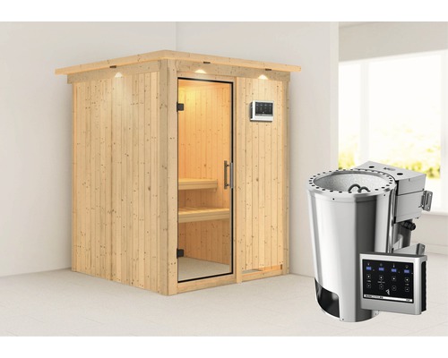 Sauna Plug & Play Karibu Achat I avec poêle bio 3,6 kW et commande externe, avec couronne et porte entièrement vitrée transparente