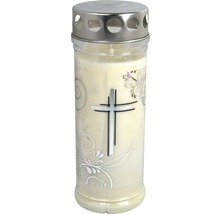 Grabkerze mit Kreuzmotiv und Metalldeckel