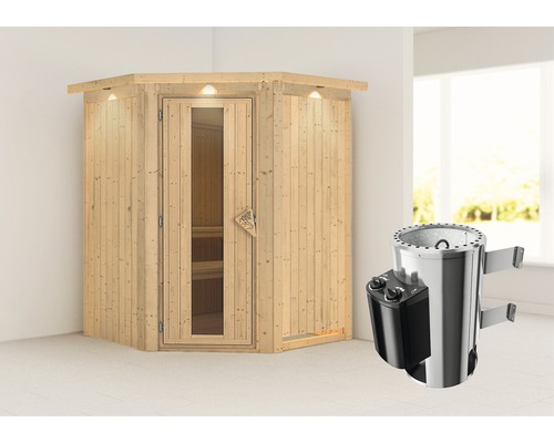 Sauna Plug & Play Karibu Achat II avec poêle 3,6 kW et commande intégrée, avec couronne et porte bois en verre isolé thermiquement