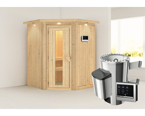 Sauna Plug & Play Karibu Achat II avec poêle 3,6 kW et commande externe, avec couronne et porte en bois avec verre à isolation thermique