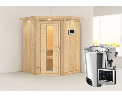 Sauna Plug & Play Karibu Achat II avec poêle Bio 3,6 kW et commande externe, avec couronne et porte bois en verre isolé thermiquement