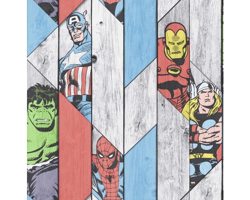 Papier peint papier 102435 Kids@Home 5 Marvel bois Papier peint avec des personnages Marvel dans un design en bois