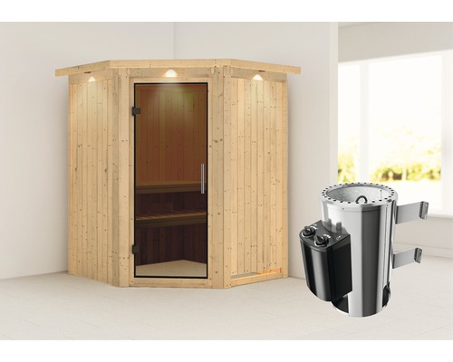 Sauna Plug & Play Karibu Achat II avec poêle 3,6 kW et commande intégrée avec couronne et porte entièrement vitrée coloris graphite